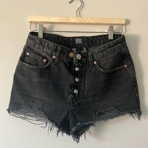 BDG High Rise Cheeky Black Denim Shorts Size 28 Button Fly Frayed Hem Cutoff